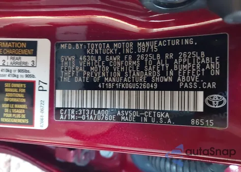 2016 Toyota Camry Xle from USA, damaged, VIN 4T1BF1FK0GU526049